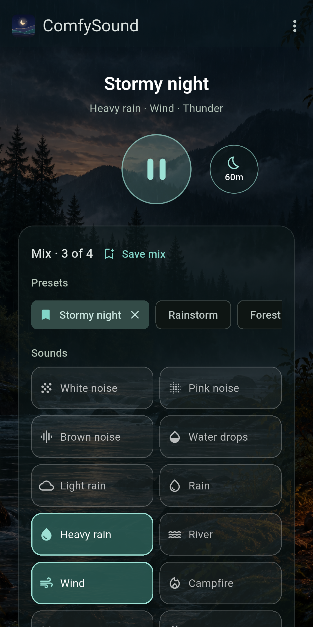 Actual Android screen: the Stormy night mix playing with a round Pause button, a 60-minute sleep timer, presets, and sound tiles over forest artwork